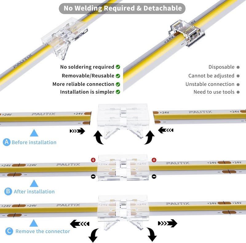 PAUTIX 8mm Connectors for 2-Pin COB LED Strip Lights,4pcs Transparent Gapless Connectors,4pcs Dual End,1pc Single to DC Female Plug 7.9in Extension Wire,2pcs L-shaped Connectors,1pc T-shaped Connector - Image 3